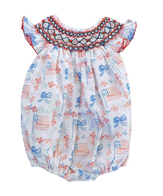 Shop Teeta Girls Smocked Annie Bubble - Patriotic Flags & Bows Print