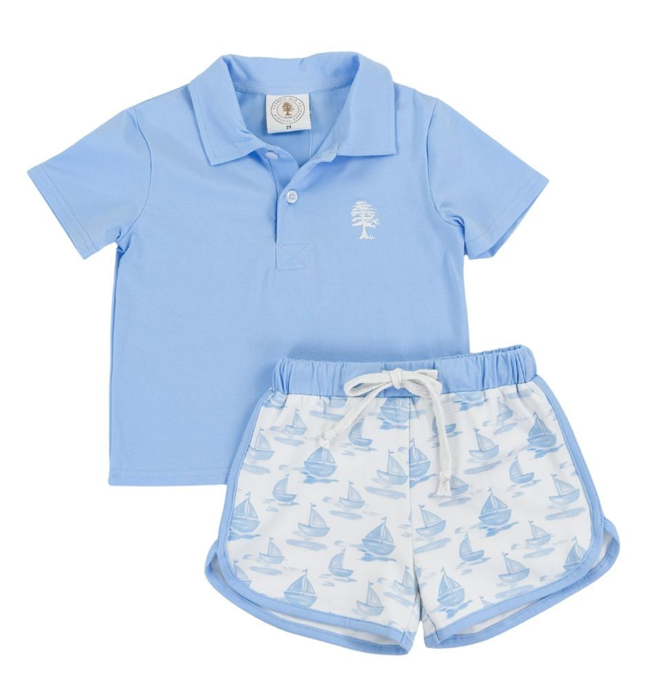 Cypress Row Boys Blue Sailboats Grayton Beach Shorts with Polo Shirt