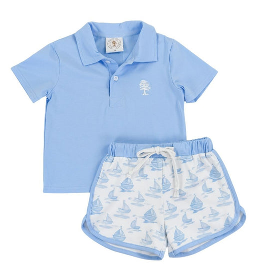 Cypress Row Boys Blue Sailboats Grayton Beach Shorts with Polo Shirt
