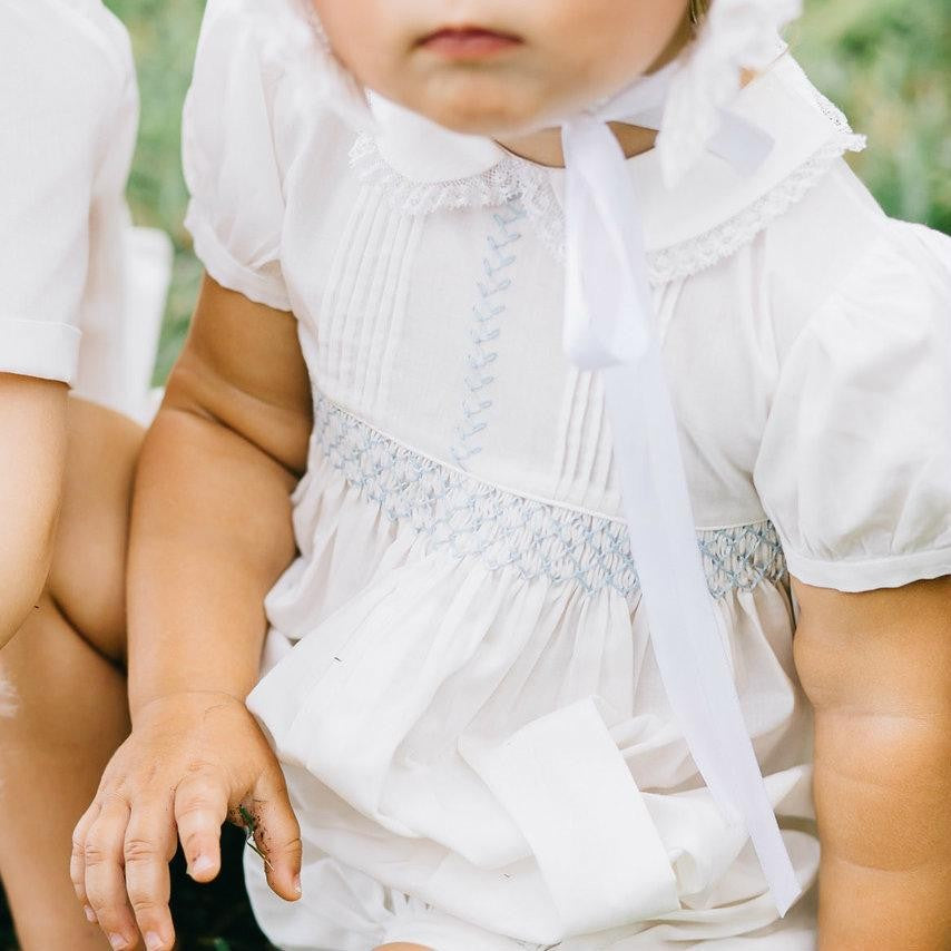 Feltman Brothers Baby Girls Ivory Vintage Romper - Smocked in Blue - Lace Trim