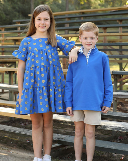 Yellow Lamb Girls Game Day Tiered Dress - Gold Footballs - Kentucky Blue
