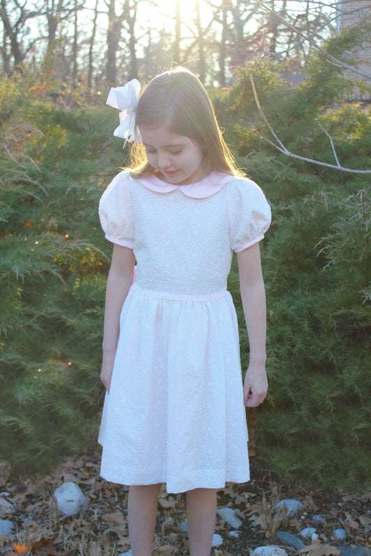 Susanne Lively Girls White Eyelet Dress with Pink Collar and Sash