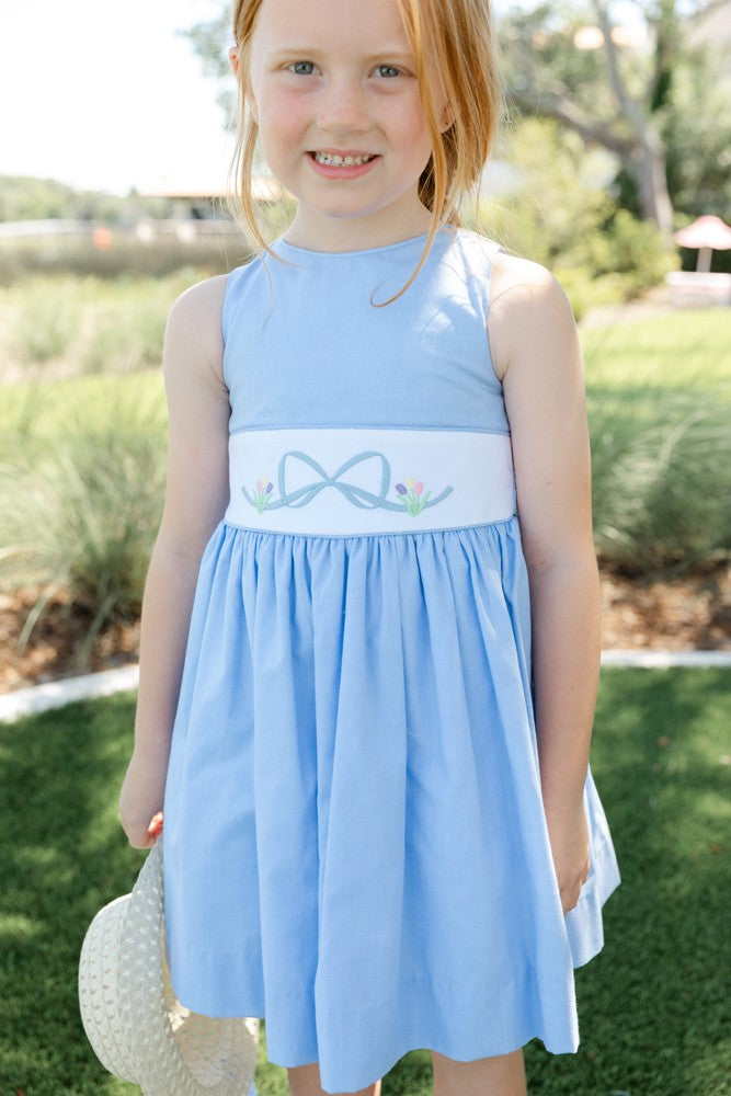 Bailey Boys Girls Sleeveless Blue Chambray Dress - Embroidery Bow - 8 Bailey Boys Girls Sleeveless Blue Chambray Dress - Embroidery Bow - 8