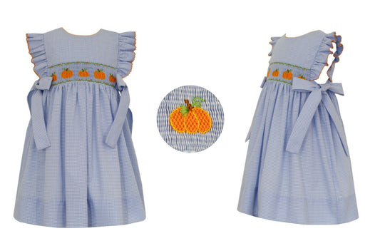 Petit Bebe Toddler Girls Blue Gingham Smocked Pumpkins Dress - Side Bows
