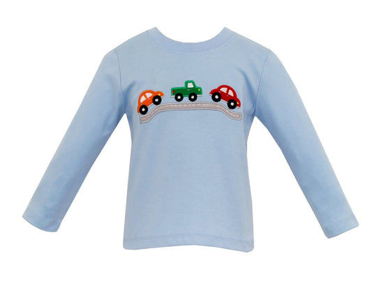 Claire & Charlie Boys Light Blue Shirt - Applique Cars by Claire & Charlie