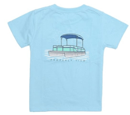 Properly Tied T-Shirt - Logo Pocket on Front - Back Graphic - Pontoon Boat on Powder Blue