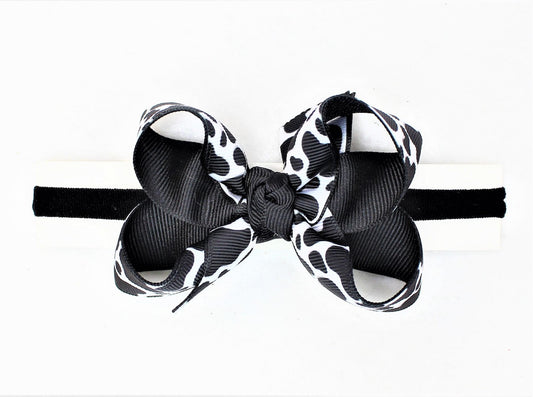 Beyond Creations Girls 1/4" Pantyhose Headband with Attached Grosgrain Bow - Cow Print