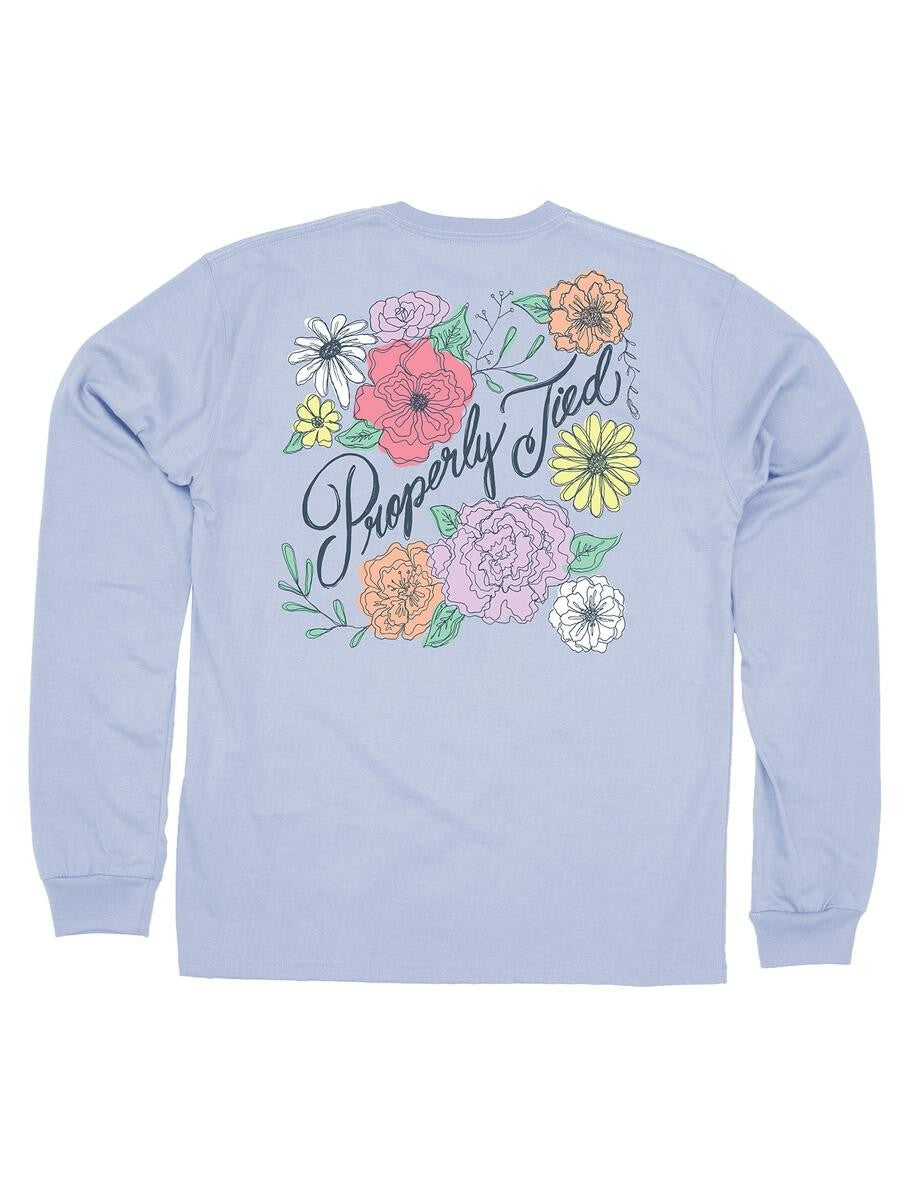 Properly Tied Tee Shirt - Logo Pocket on Front - Back Graphic - Periwinkle Blue Floral
