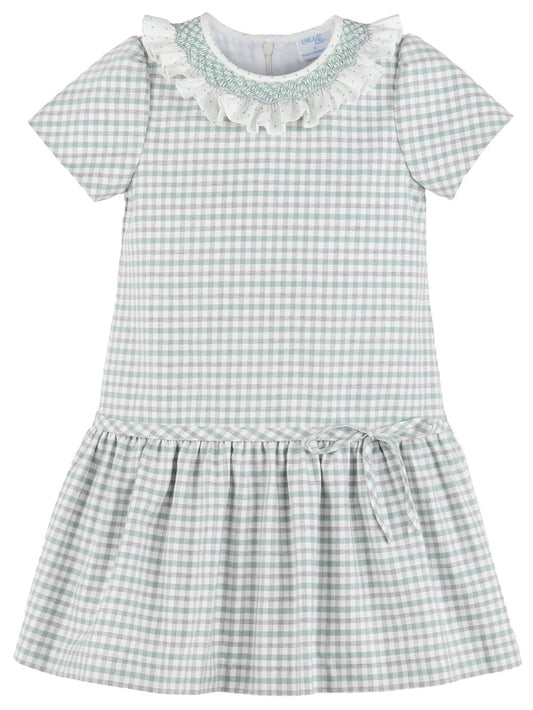 Luli & Me Girls Mint Green & Gray Check Dropwaist Dress - Smocked Ruffle Collar