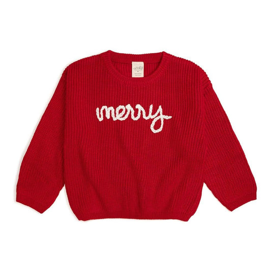 Sweet Wink Girls Red Yarn Knit Sweater - Script Merry