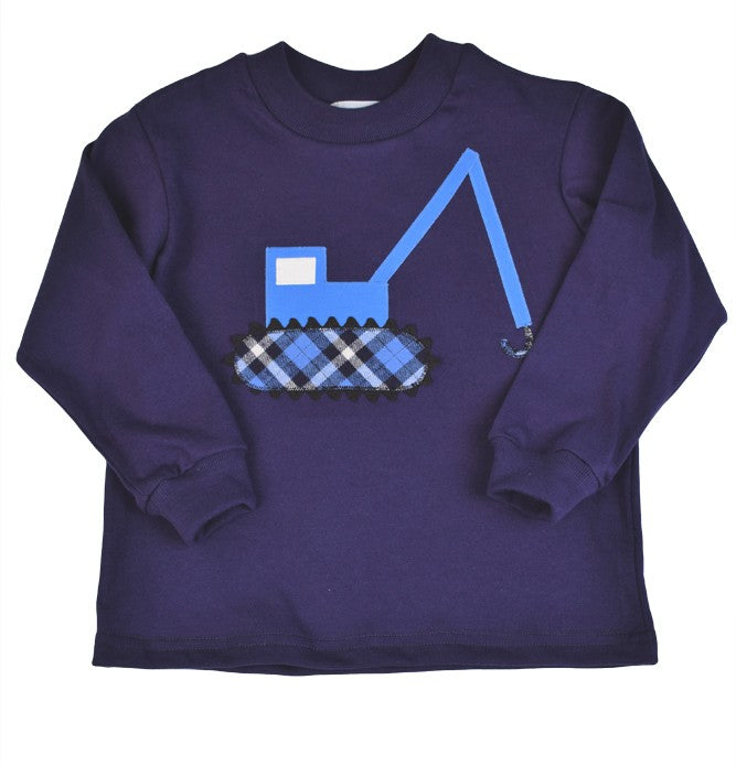 Funtasia Too Boys Navy Blue Shirt - Plaid Applique Excavator Digger Truck