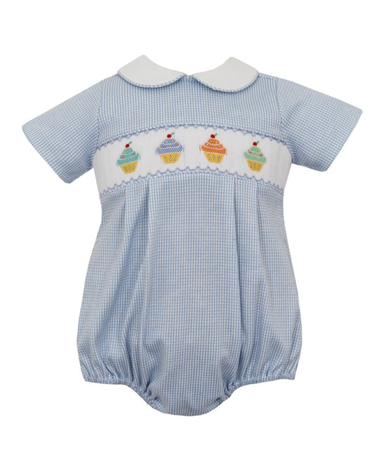 Petit Bebe Knits Baby Boys Check Bubble - Smocked Birthday Cupcakes - Blue