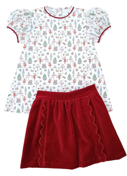 James & Lottie Girls Red Christmas Nutcracker Top & Velvet Kate Skirt Set