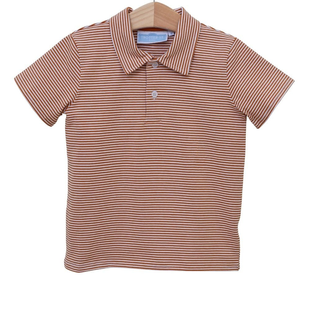 Trotter Street Kids Boys Henry Game Day Polo Shirt - Burnt Orange Stripes - Texas