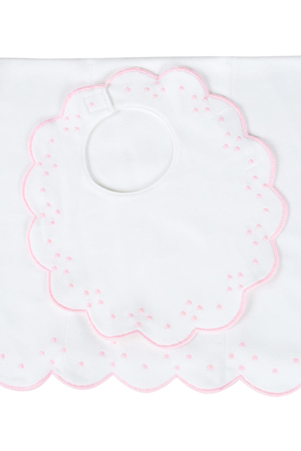 The Proper Peony Layette Baby Girls Bib & Burp Cloth Set - White with Scallop Dots Pink