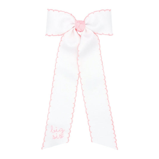 Wee Ones Girls Big Sister Bow - White with Pink Moonstitch - Embroidered Big Sis with Streamer Tails