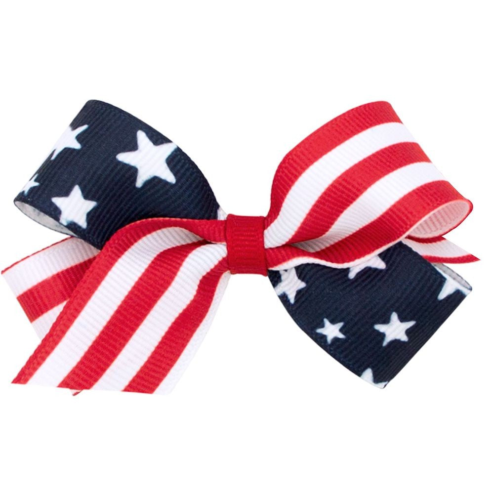 Wee Ones Girls Patriotic Flag Bow - Stars & Stripes - Choose Royal or Navy Blue