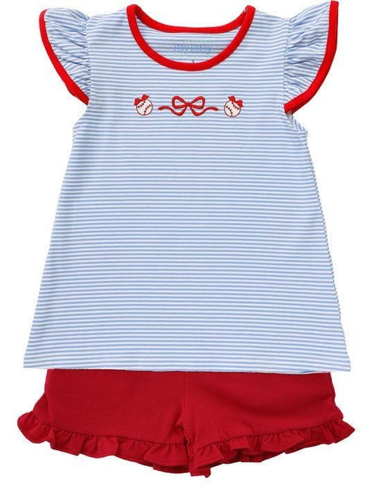 Itsy Bitsy Girls Flutter Shorts Set - Red Short with Blue Baseball Bow Top