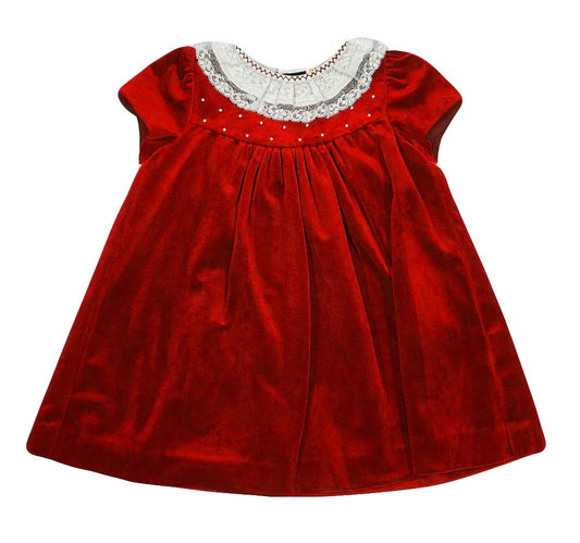 Luli & Me Baby / Toddler Girls Luxe Velvet Float Dress - Lace Collar & Pearls - Red
