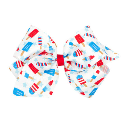 Wee Ones Girls Hair Bow on Clip - Patriotic Retro Astro Pops on White