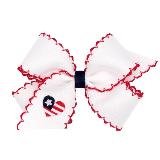 Wee Ones Girls Patriotic Moonstitch Bow - White with Red - Embroidered Heart Flag