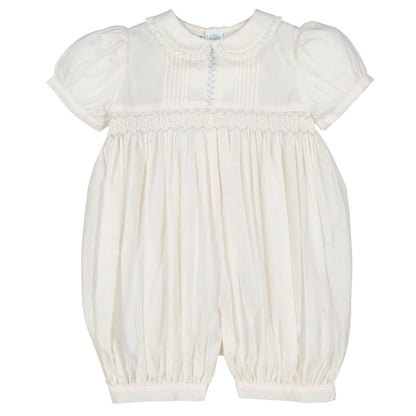 Feltman Brothers Baby Girls Ivory Vintage Romper - Smocked in Blue - Lace Trim