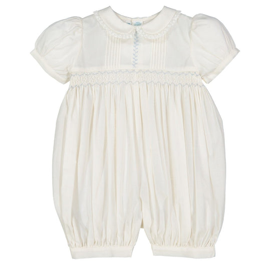 Feltman Brothers Baby Girls Ivory Vintage Romper - Smocked in Blue - Lace Trim
