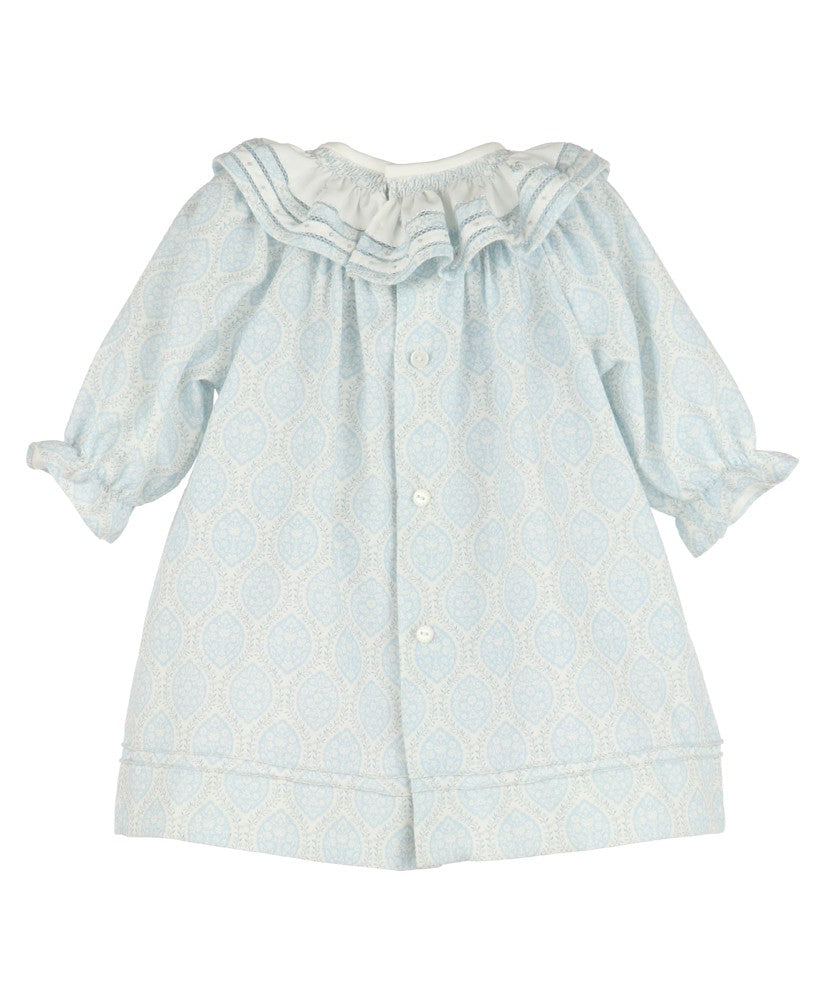 Luli & Me Girls Floral Wreath Smocked Collar Bishop Dress - Blue