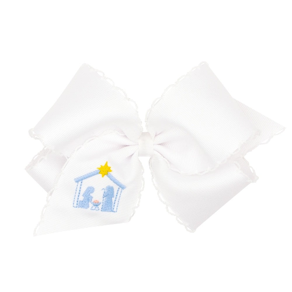 Wee Ones Girls Hair Bow on Clip - White - Nativity Embroidery - Light Blue