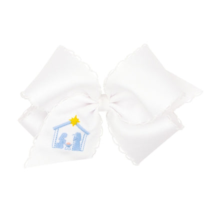Wee Ones Girls Hair Bow on Clip - White - Nativity Embroidery - Light Blue