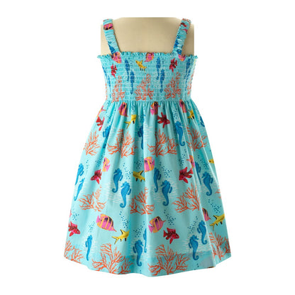 Rachel Riley London Girls Smocked Sundress - Coral Reef