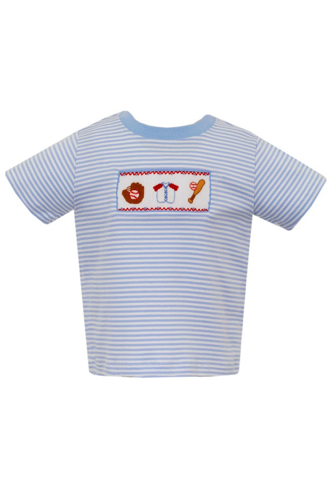 Anavini Velani Boys Shirt - Light Blue Stripes - Smocked Baseball Theme
