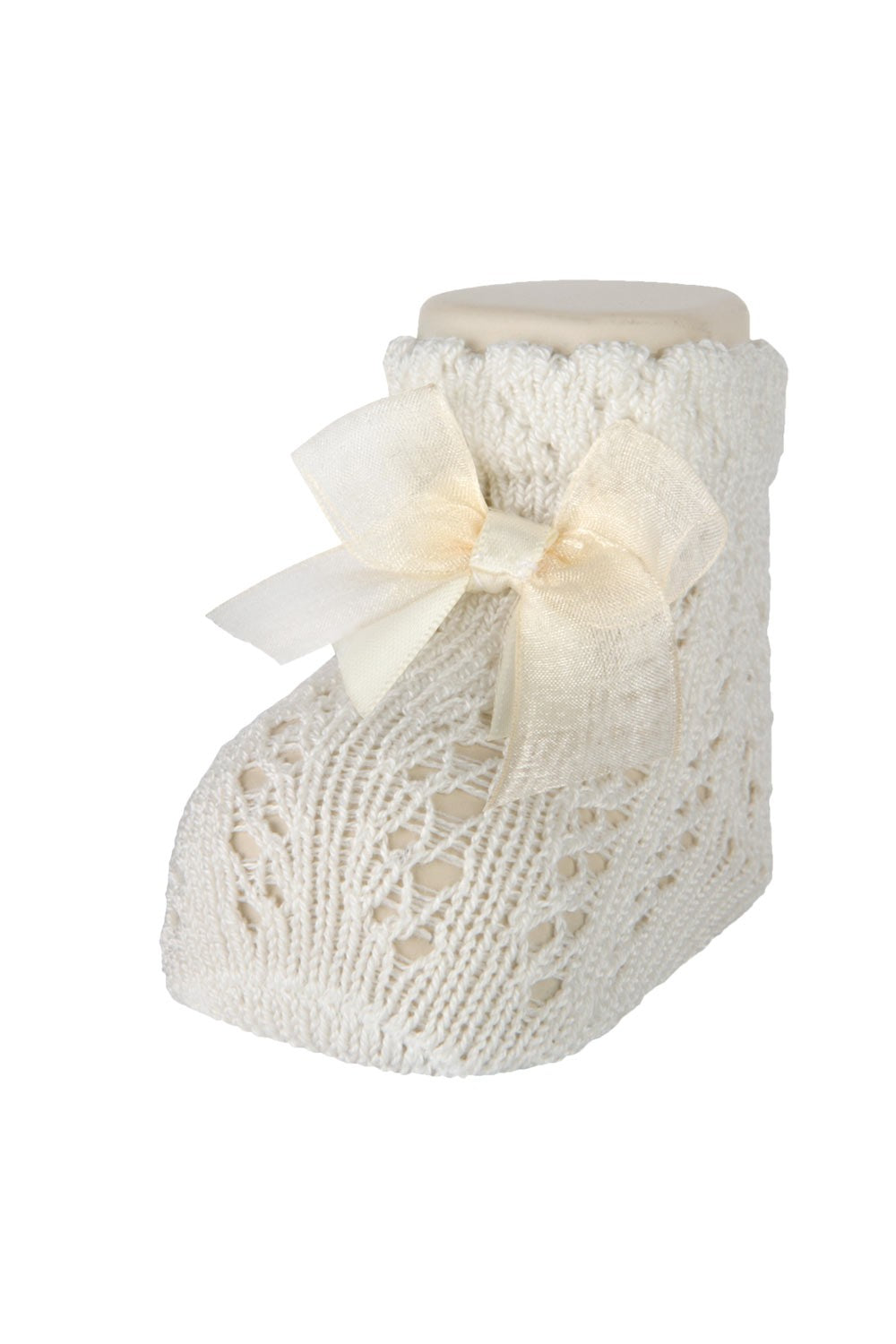 Carlomagno Socks - Scottish Yarn Newborn Booties with Bow - Natural Ivory - Open Work