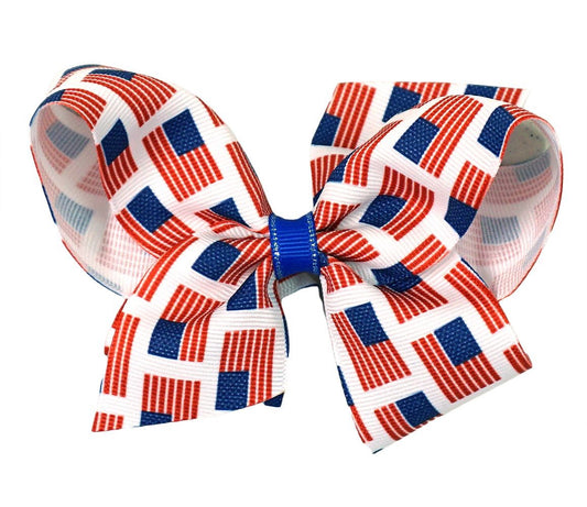 Wee Ones Girls Hair Bow on Clip - American USA Flags Print - Blue Center