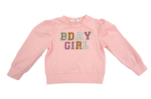 LuLu BeBe Girls Sequins B-Day Girl Birthday Puff Sleeve Top - Pink with Long Sleeves