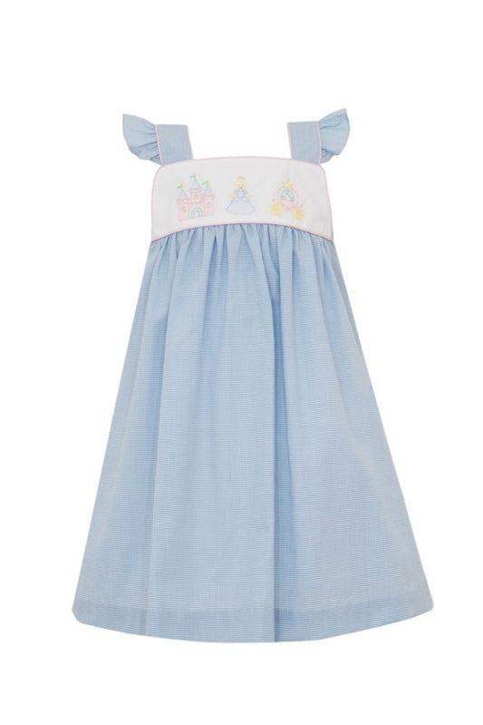 Anavini Girls Blue Check Sun Dress - Embroidery Cinderella Castle