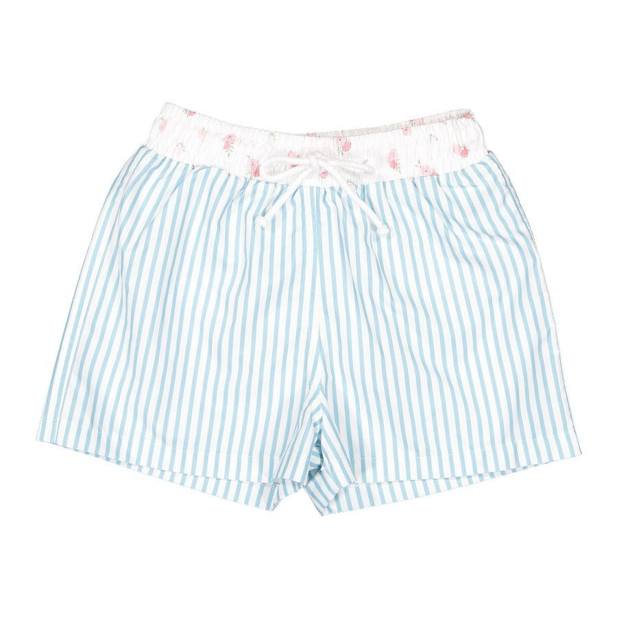 Sal & Pimenta Boys Swim Trunks - Blue Stripes - Sweetness Floral Trim & Pocket