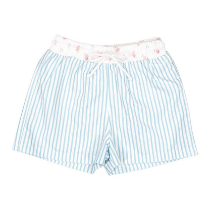 Sal & Pimenta Boys Swim Trunks - Blue Stripes - Sweetness Floral Trim & Pocket