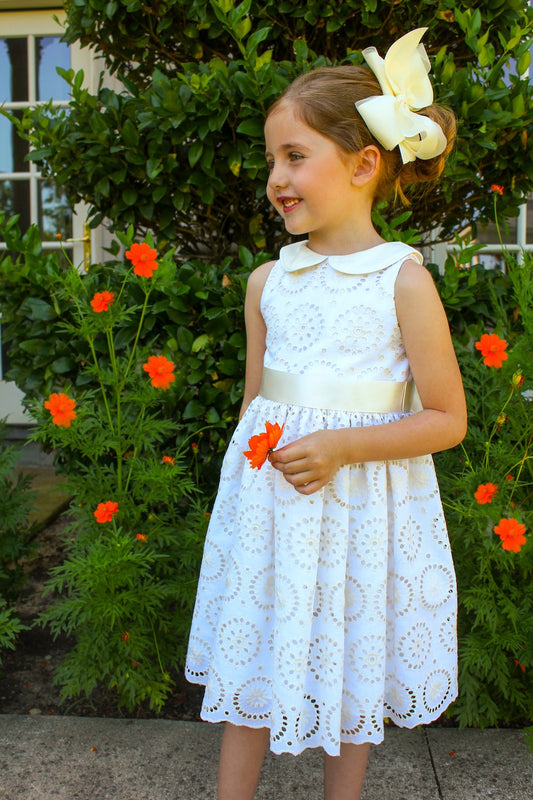 Susanne Lively Girls Sleeveless Ivory / White Eyelet Dress with Collar