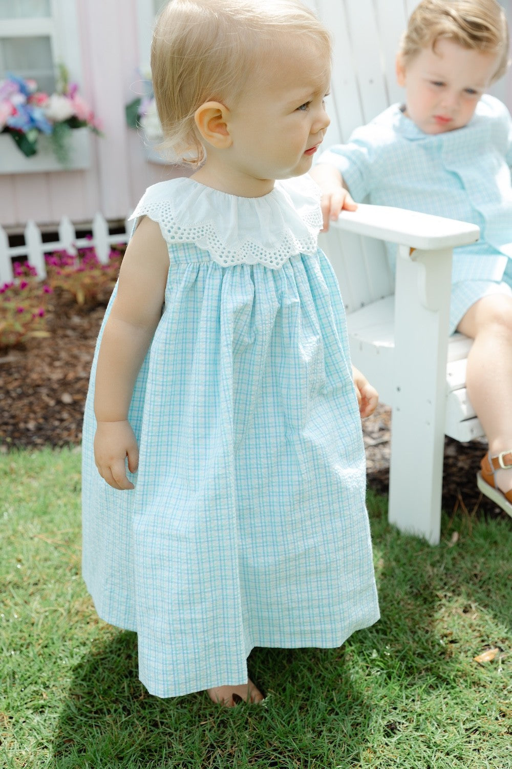Bailey Boys Girls Blue Laurel Seersucker Float Dress - Eyelet Collar