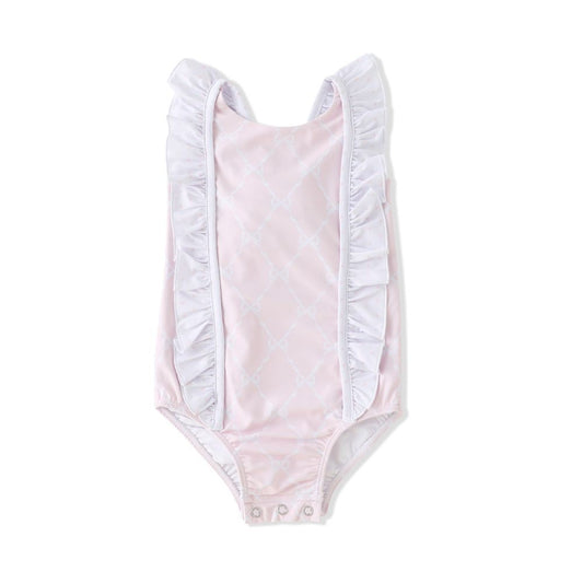 Swoon Baby Girls UPF 50 Pink Bow Trellis Swimsuit - Bow on Back