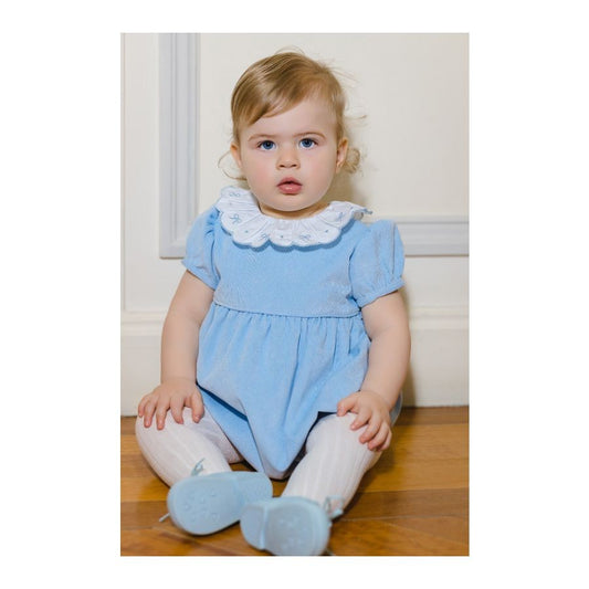 Sal & Pimenta Girls Corduroy Bubble - Embroidery Bows on Ruffle Collar - Blue