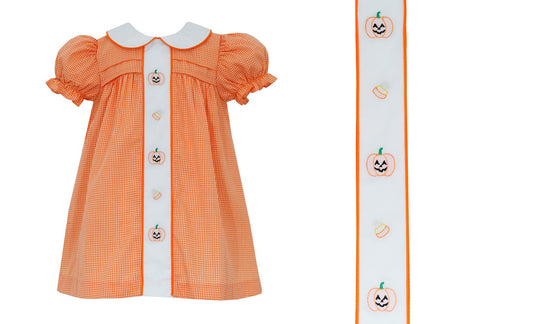 Anavini Girls Dress - Orange Gingham with Halloween Embroidery