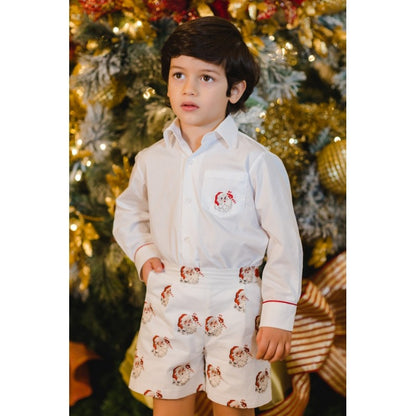 Sal & Pimenta Boys White Shirt - Long Sleeves - Santa Embroidery