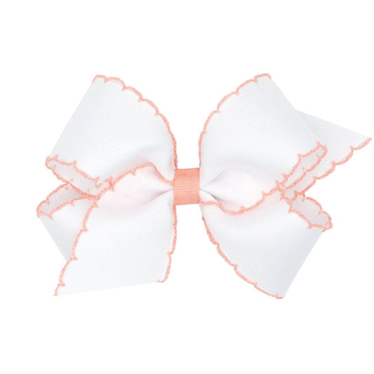 Wee Ones Girls Classic Moonstitch Bow - White with Coral