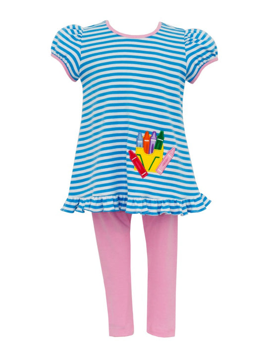 Claire & Charlie Girls Legging Set - Turquoise Stripe Top - School Crayons - Pink Leggings