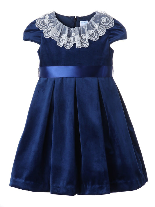 Luli & Me Girls Luxe Velvet Christmas Dress - Lace Collar - Ribbon Sash - Navy Blue