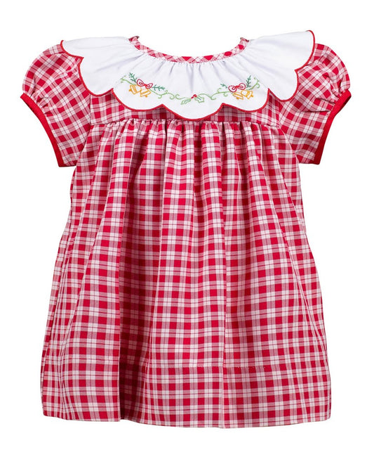 Proper Peony Girls Christmas Dress - Red Check Embroidered Golden Bells