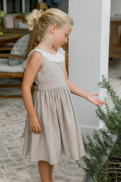Bailey Boys Girls Flax Linen Dress - V-Back Ruffle Collar and Sash