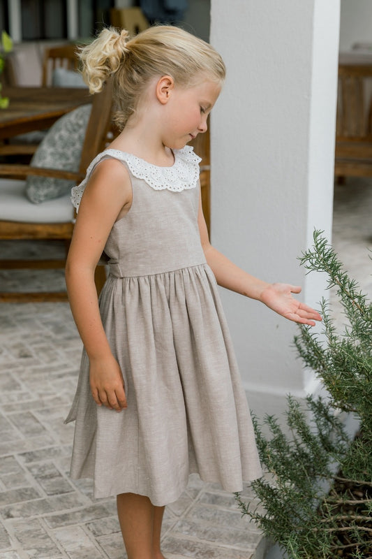 Bailey Boys Girls Flax Linen Dress - V-Back Ruffle Collar and Sash
